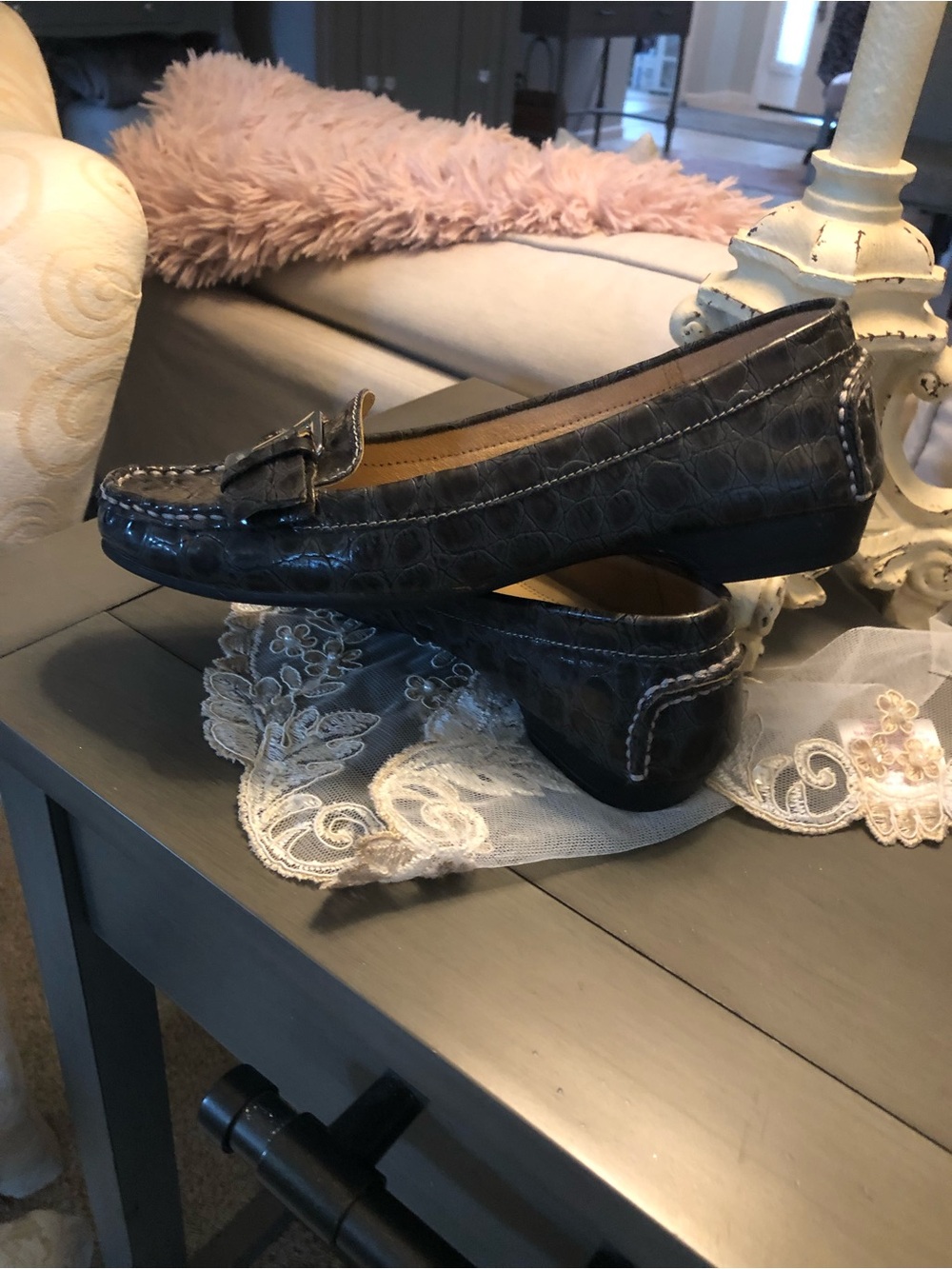 Naturalizer Slate grey/black Croc-Embossed Leather Loafers with Silver Buckle - Picture 2 of 5